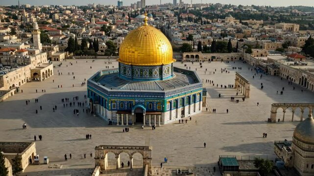 An aerial view of the Dome of the Rock, showcasing its golden dome in a bustling urban setting with people and rich cultural significance.