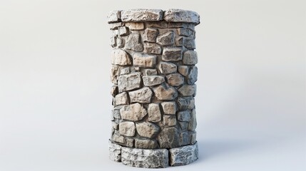 A small, detailed stone tower with weathered stones and a rustic finish, placed on a white background, showcasing its texture and architectural details in high definition.
