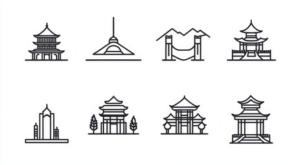 Naklejka premium Discover famous Asian landmarks and travel destinations with this simple vector icon set. Perfect for planning your next vacation!