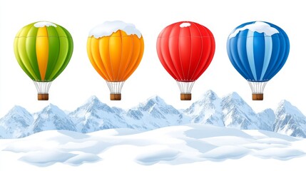 Colorful hot air balloons flying over snowy mountain range winter wonderland adventure holiday travel background aerial journey concept