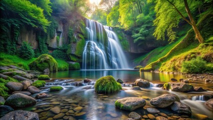 Fototapeta premium Serene Waterfall Cascading into a Mossy, Sunlit Pool in a Lush Green Forest
