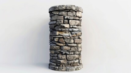 A small, detailed stone tower with weathered stones and a rustic finish, placed on a white background, showcasing its texture and architectural details in high definition.