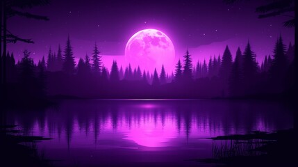 Luminous purple moonrise over tranquil waters amidst silhouette forest creating an ethereal dreamscape with captivating reflection