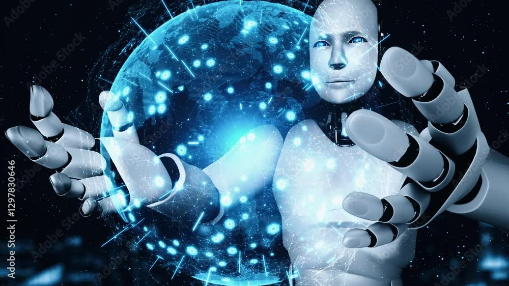 Poster ai hominoid robot holding hologram screen shows concept of global communication network using artifi