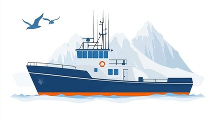 Arctic exploration vessel navigating icy waters with soaring seabirds and towering glaciers in a serene vector illustration