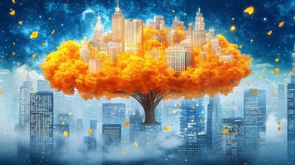 Obraz premium Surreal city skyline with central tree glowing with cityscape forming canopy offering nature urbanism blend unique perspective