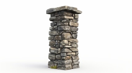 A small, detailed stone tower with weathered stones and a rustic finish, placed on a white background, showcasing its texture and architectural details in high definition.