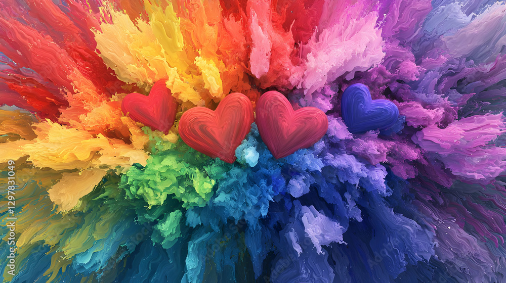 Poster exploding colorful abstract background featuring three heart shapes
