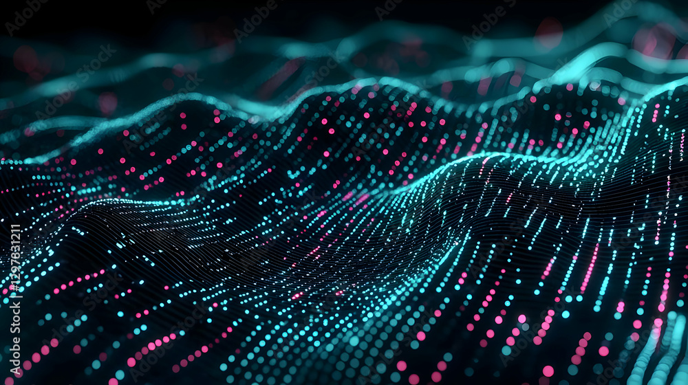 Aufkleber abstract digital waveform with blue and pink data points on a black background