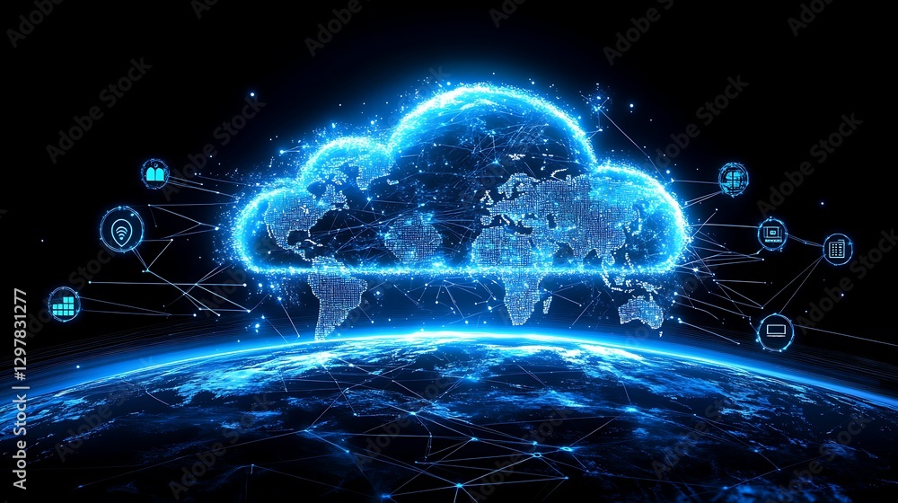 Aufkleber global cloud computing and connectivity, a digital representation of a cloud overlaid with a world m