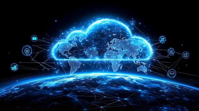 Global Cloud Computing and Connectivity, A digital representation of a cloud overlaid with a world map