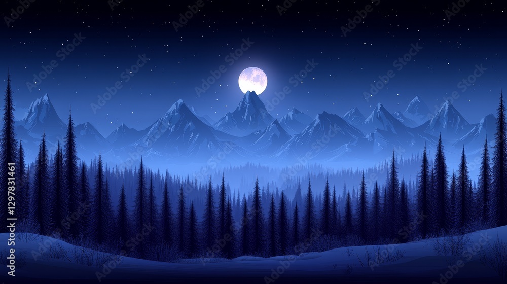 Poster serene nightscape with illuminated moon over mountain peaks and evergreen forest creating a peaceful