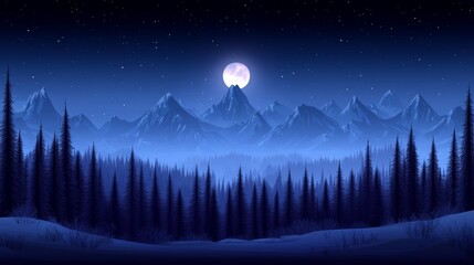 Fototapeta premium Serene nightscape with illuminated moon over mountain peaks and evergreen forest creating a peaceful digital artwork background scene