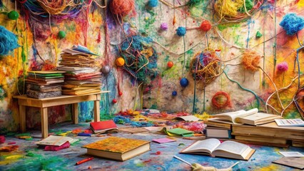 Fototapeta premium A vibrant room filled with colorful yarn, paint splatters, and stacks of books, suggesting a creative space