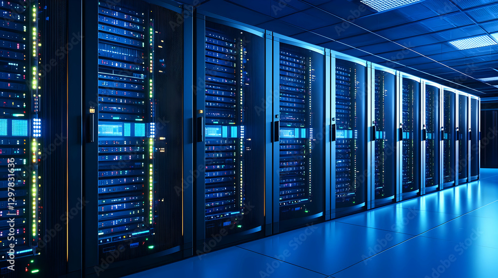 Poster blue lit server racks in a modern data center with rows of digital technology and cyber security equ