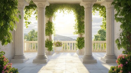 Elegant Greek-style arch pillars adorned with lush ivy vines. These marble columns create an antique Roman aesthetic, framing a classic archway with a beautiful palace aesthetic.