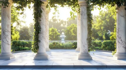 Naklejka premium Elegant Greek-style arch pillars adorned with lush ivy vines. These marble columns create an antique Roman aesthetic, framing a classic archway with a beautiful palace aesthetic.