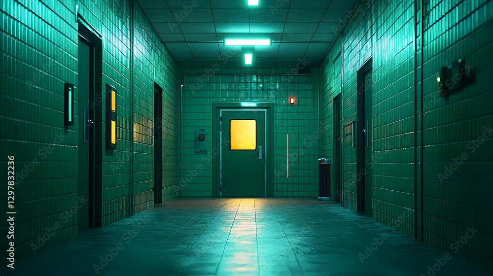 Poster long green corridor with rectangular tile walls doors and lights creating a symmetric perspective