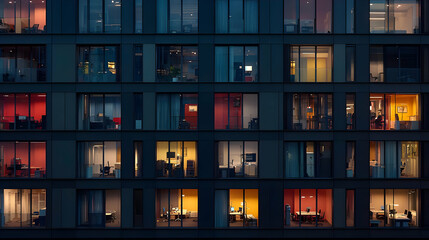Exterior view of office building at night with illuminated windows showing interior levels
