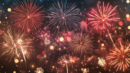 Naklejka premium Enchanting fireworks burst through the evening canvas, creating a magical holiday backdrop. This transparent PNG captures the festive ambiance, perfect for adorning invitations, posters, and cards.