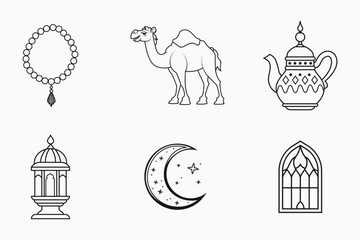 Fototapeta premium Islamic festival and traditional outline elements set in isolated flat line art vector illustration for ramadan and eid