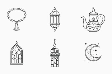 Fototapeta premium Islamic festival and traditional outline elements set in isolated flat line art vector illustration for ramadan and eid