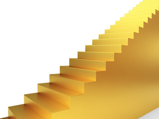 Obraz premium side view of golden staircase up to sky isolated on white, representing steps to achievement, success and victory, 300dpi, 3d illustration, empty copy space