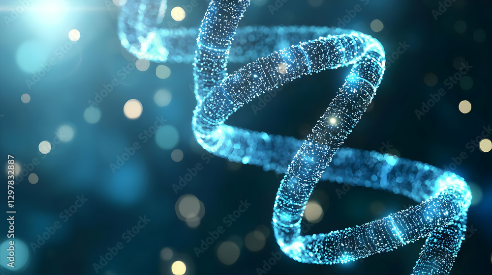 Poster abstract blue dna helix structure against dark background with light bokeh