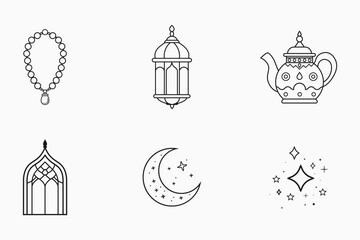Islamic festival and traditional outline elements set in isolated flat line art vector illustration for ramadan and eid