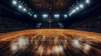 Empty Basketball Court Arena Interior, Spotlight, Spectator Seats