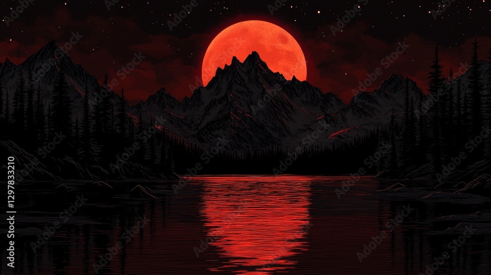 Poster pixelated retro sunset scene with mountains and lake reflection creating a nostalgic and stylized di