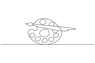Paint palette art brush continuous one line drawing and minimalist style isolate outline vector icon