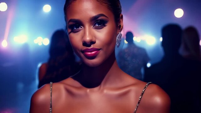Young beautiful woman dancing sensually in a night club. Close-up portrait. A stunning close-up of the woman as she dances with effortless allure.