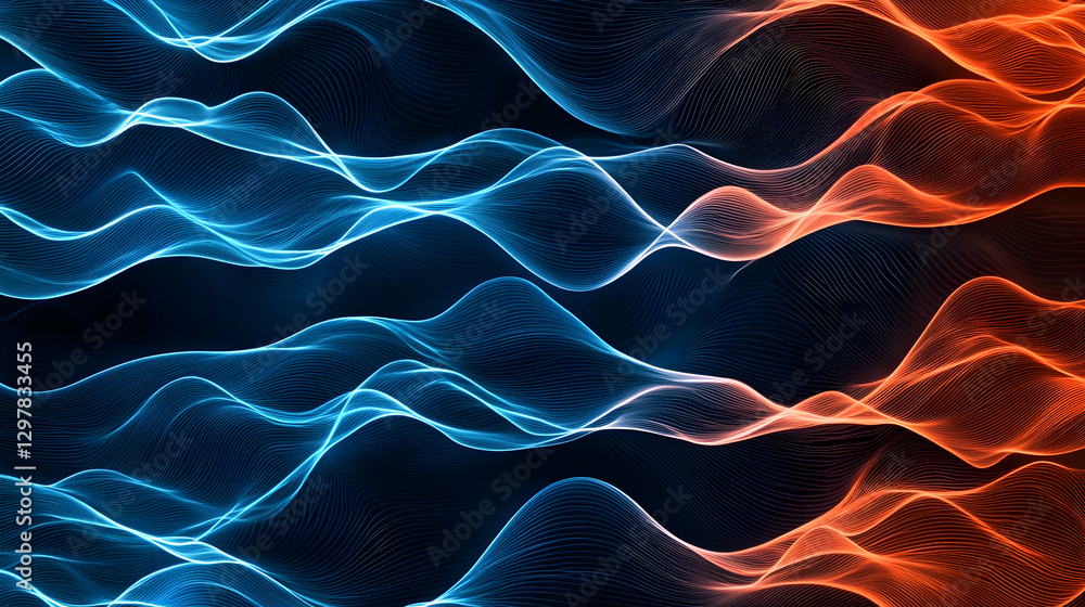 Poster abstract digital rendering of blue and orange wavy data stream against black background