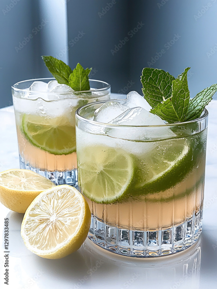 Poster refreshing lemon and mint drinks served in glasses with ice and lime