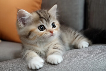 Adorable tiny kitten resting on a soft sofa, capturing its cuteness and playful charm in a cozy home setting