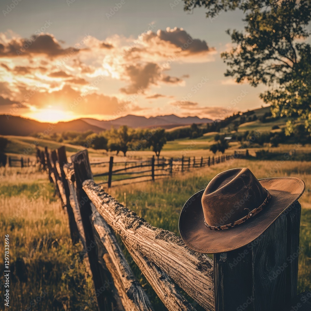 Poster Sunset over fields with a cowboy hat resting on a rustic wooden fence in a tranquil countryside setting. Generative AI