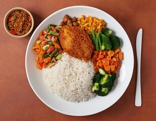 food dish menu contains jollof chicken and white rice with mixed vegetables, isolated on white background,white dish with rice, a whole steak meat, not top view, french fries, 49