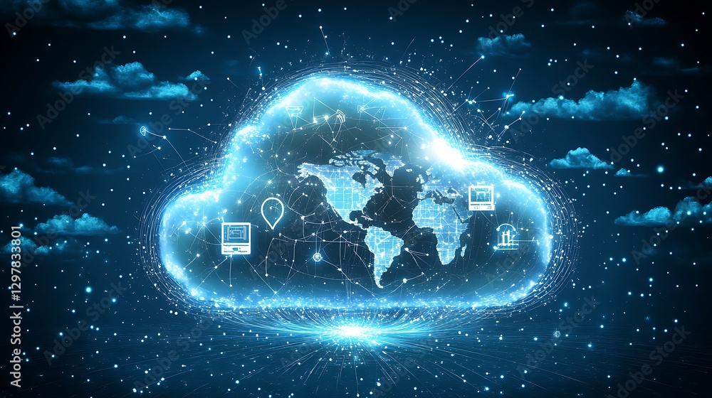 Poster global cloud computing and connectivity, a digital representation of a cloud overlaid with a world m