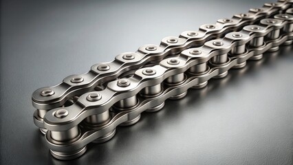 Close-up view of a precisely engineered metallic chain, exhibiting intricate details of its robust construction and smooth surface, demonstrating the strength and precision of its design.