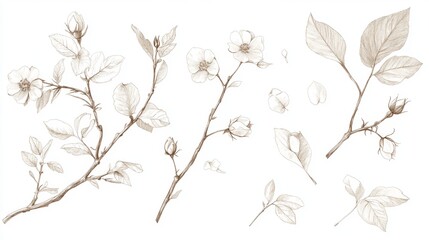 Hand-drawn nature sketches, including leaves, flowers, tree branches, and buds. These simple line drawings are perfect for decoration and design.