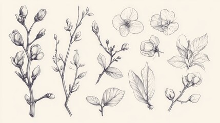 Hand-drawn nature sketches, including leaves, flowers, tree branches, and buds. These simple line drawings are perfect for decoration and design.