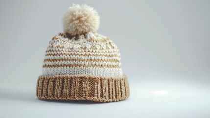 A soft, knitted baby cap with cute patterns and a small pom-pom, placed on a clean white background, capturing its texture and details in high definition.