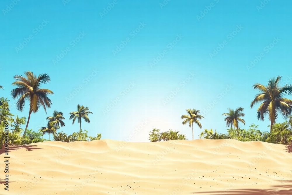 Poster sunny beach with palm trees and clear blue sky inviting relaxation and tranquility near coastal area