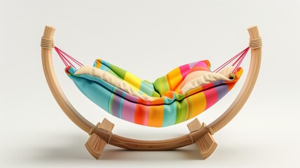 A soft, colorful baby jhoula (hammock) with a comfortable fabric seat and sturdy wooden frame, placed on a white background, showcasing its design and comfort in high definition.