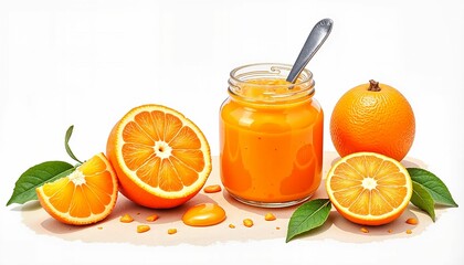 Orange fruit and juice in jar on white background