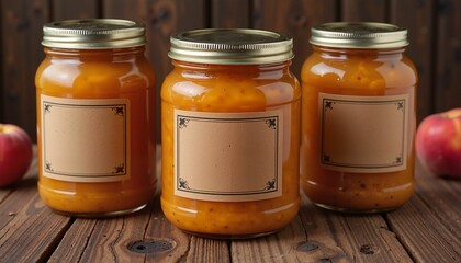 Jars of canned fruit on wooden table with apples