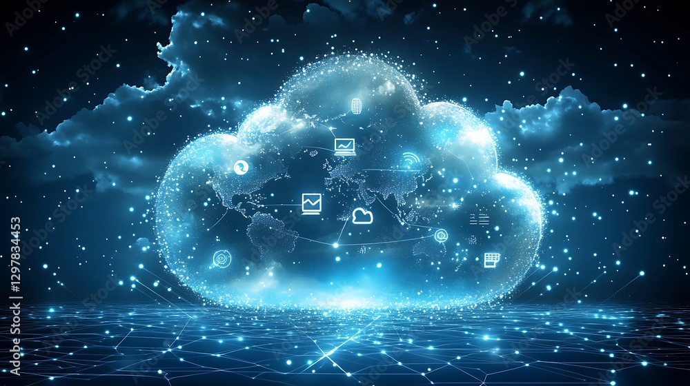 Poster global cloud computing and connectivity, a digital representation of a cloud overlaid with a world m