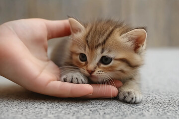 Human hand gently stroking a tiny cute kitten's head, showing tenderness and affection in a heartwarming animal interaction