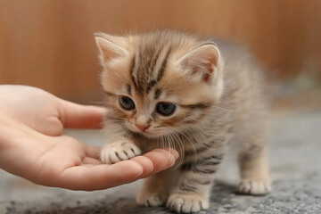Human hand gently stroking a tiny cute kitten's head, showing tenderness and affection in a heartwarming animal interaction
